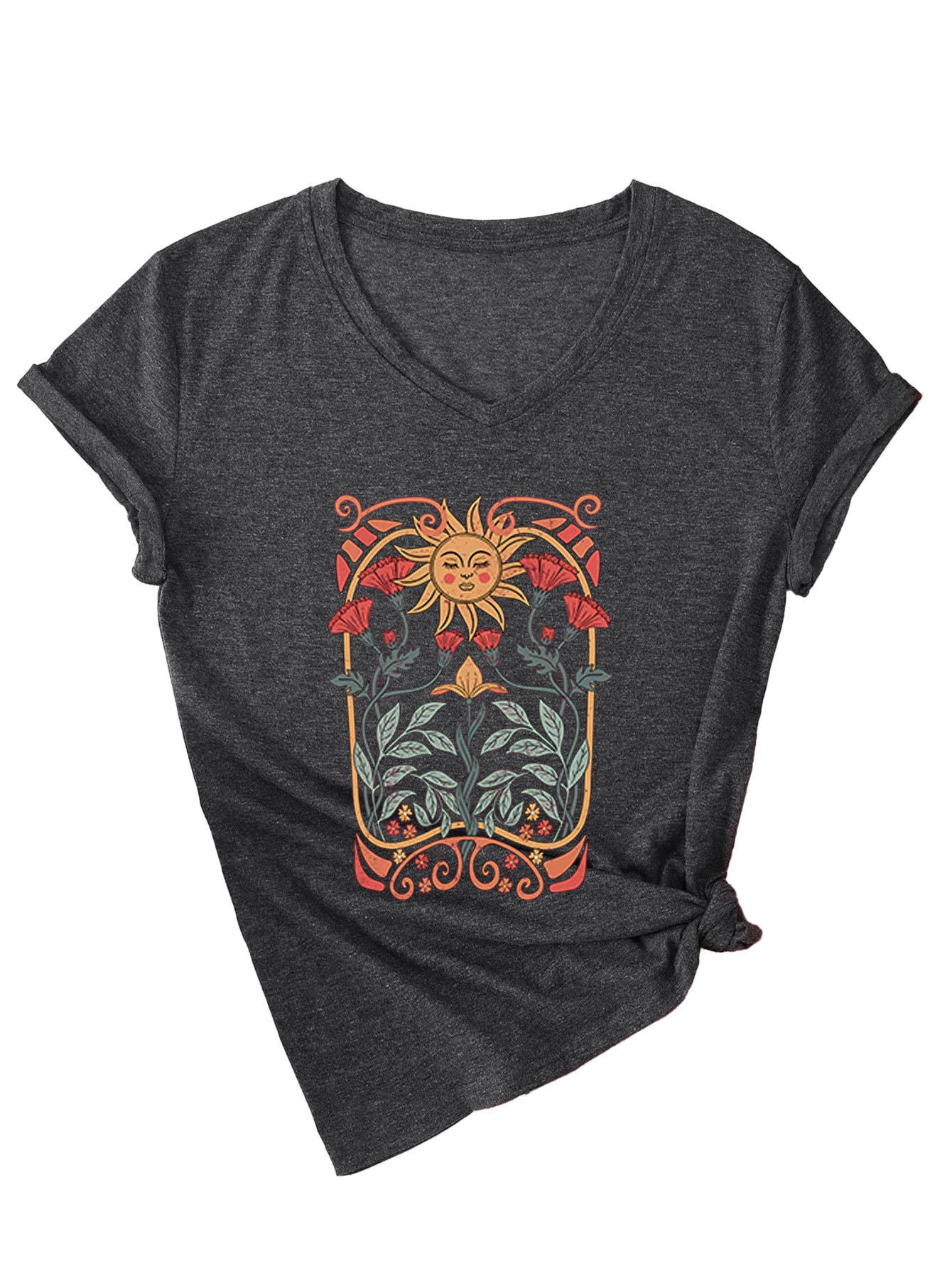 Floral sun print V-neck short-sleeved T-shirt