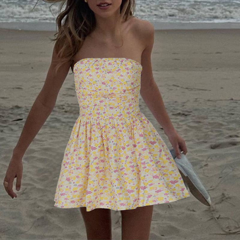 Floral Print Strapless Sleeveless A-Line Dress