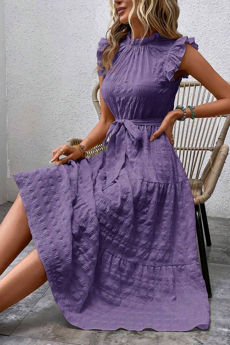 CWDMD4952_SUMMER RUFFLED FLYING SLEEVES TEXTURED DRESS