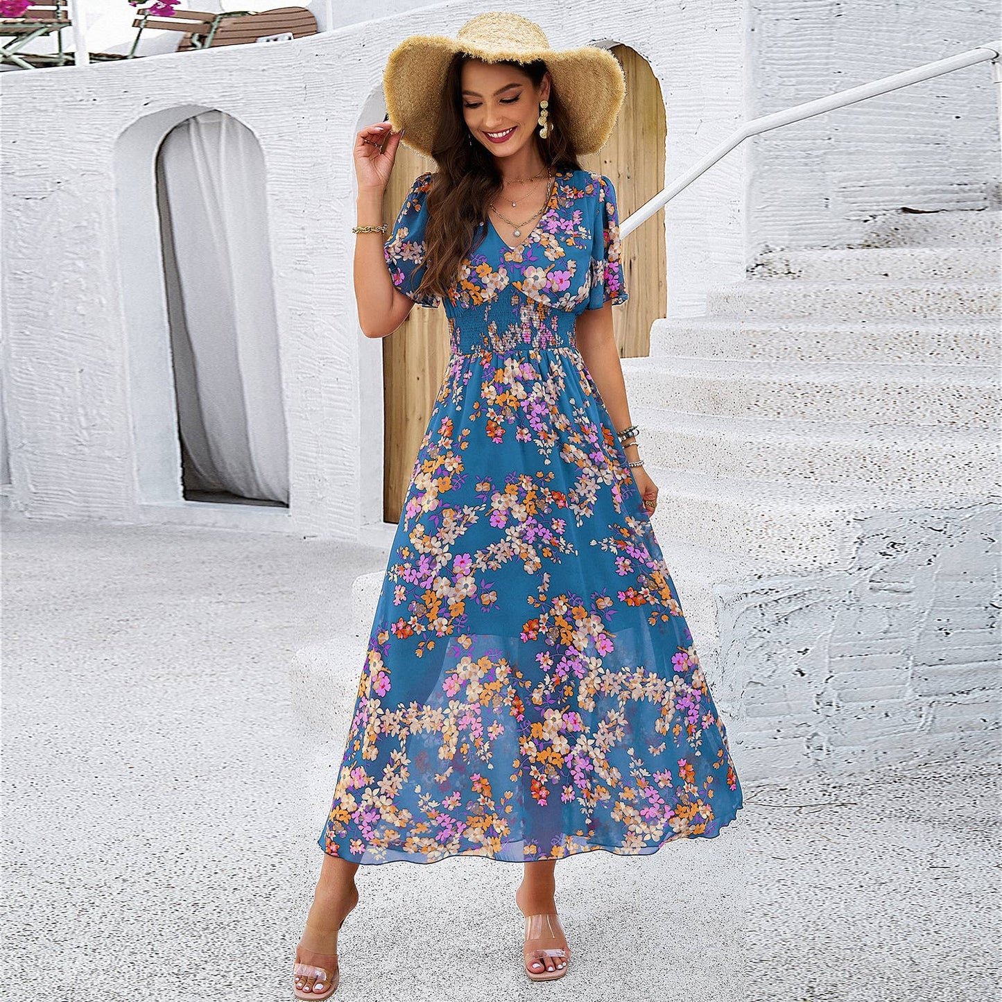 Floral V-Neck Waist-Tie A-Line Maxi Dress