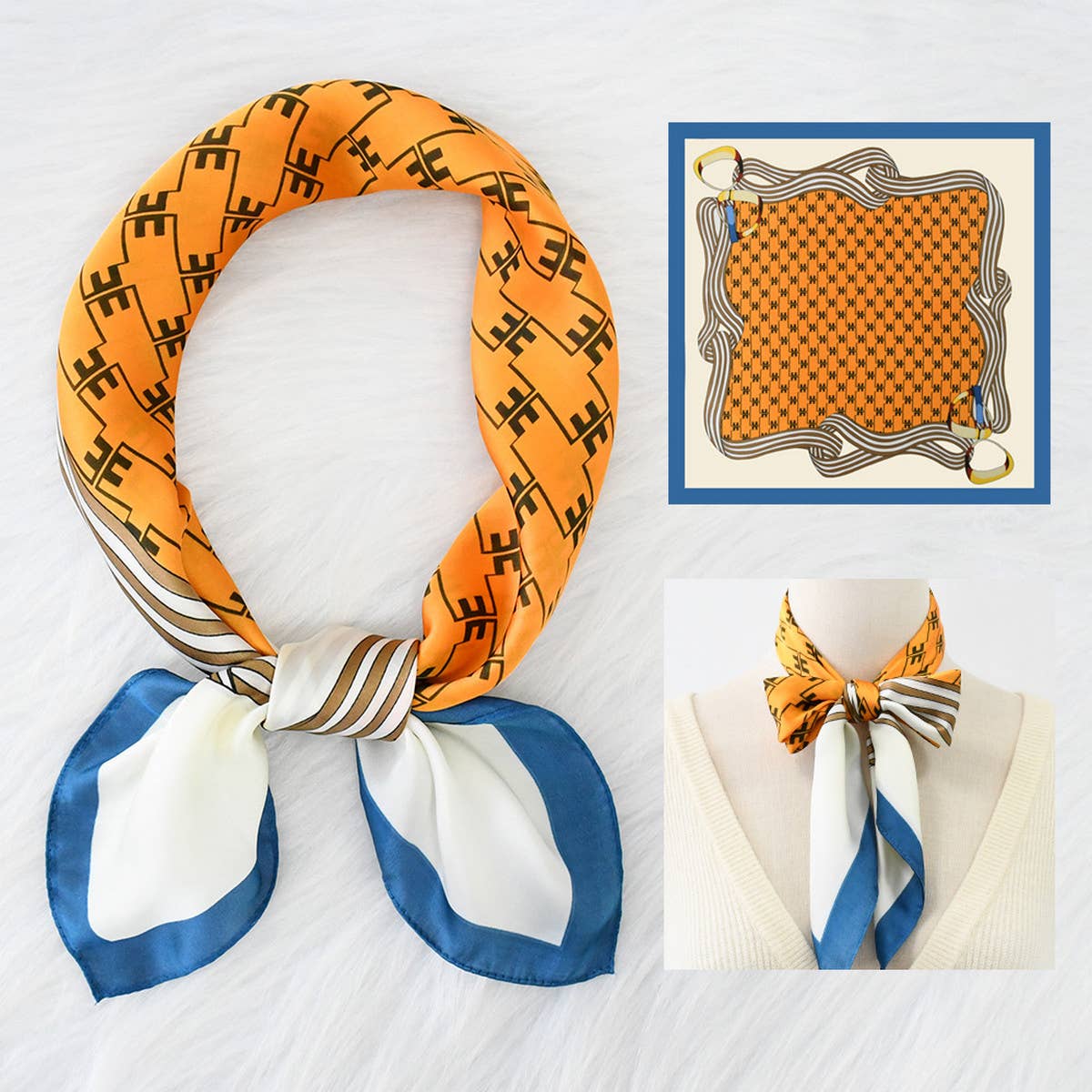 Chain Print Satin Square Scarf for Summer Sun_CWASC1158