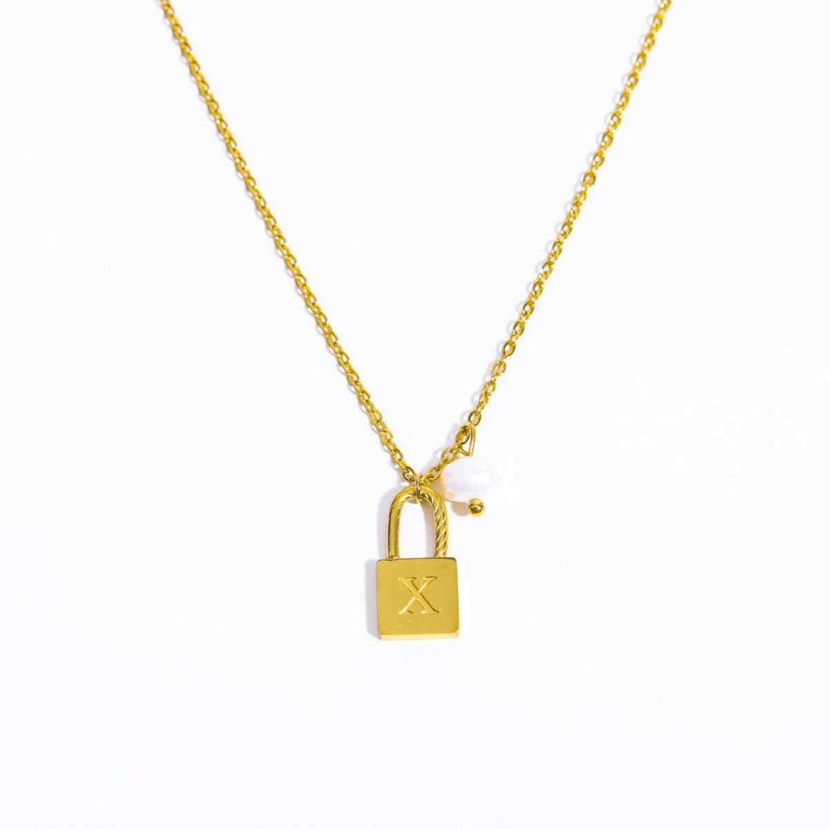Stainless Steel Letter Pearl Lock Pendant Necklace_CWMM5298