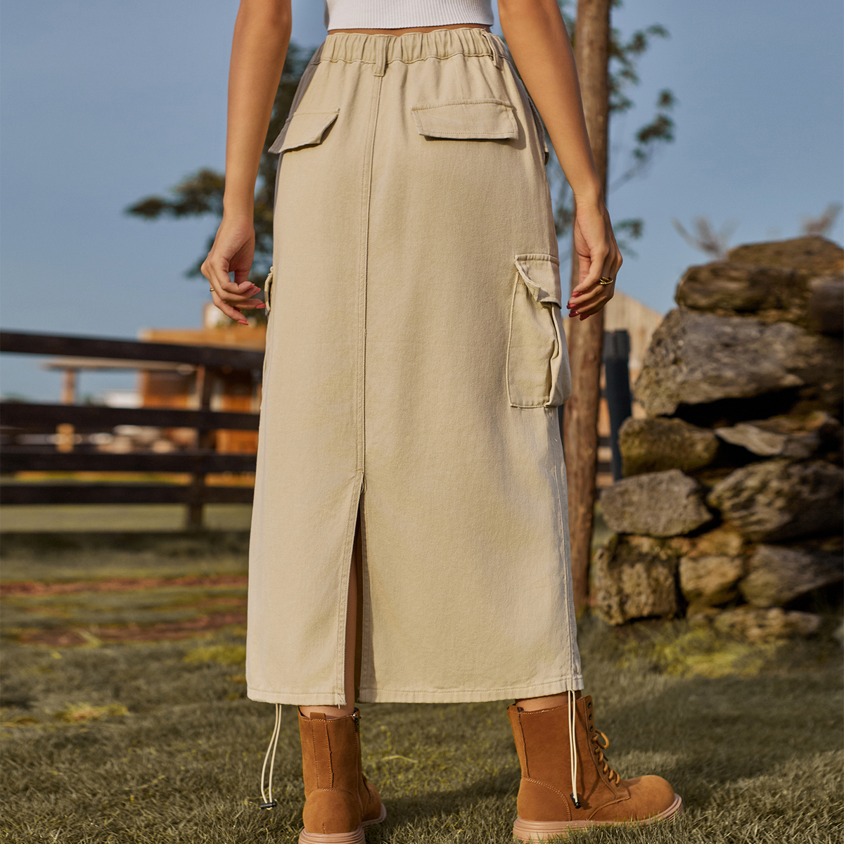 Women??¢s Cargo Midi Skirt Drawstring Elastic Waist_CWJSK0218