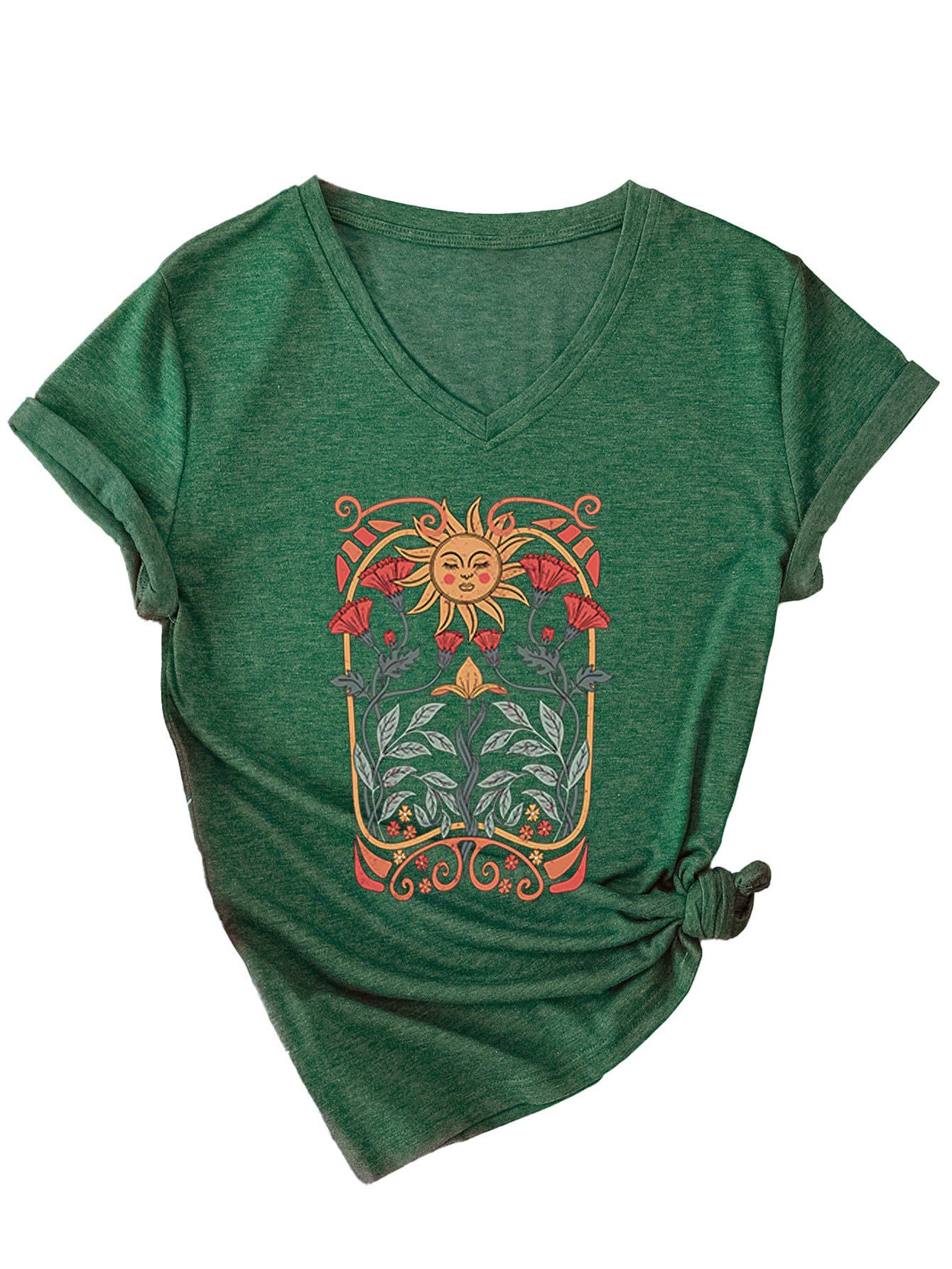 Floral sun print V-neck short-sleeved T-shirt