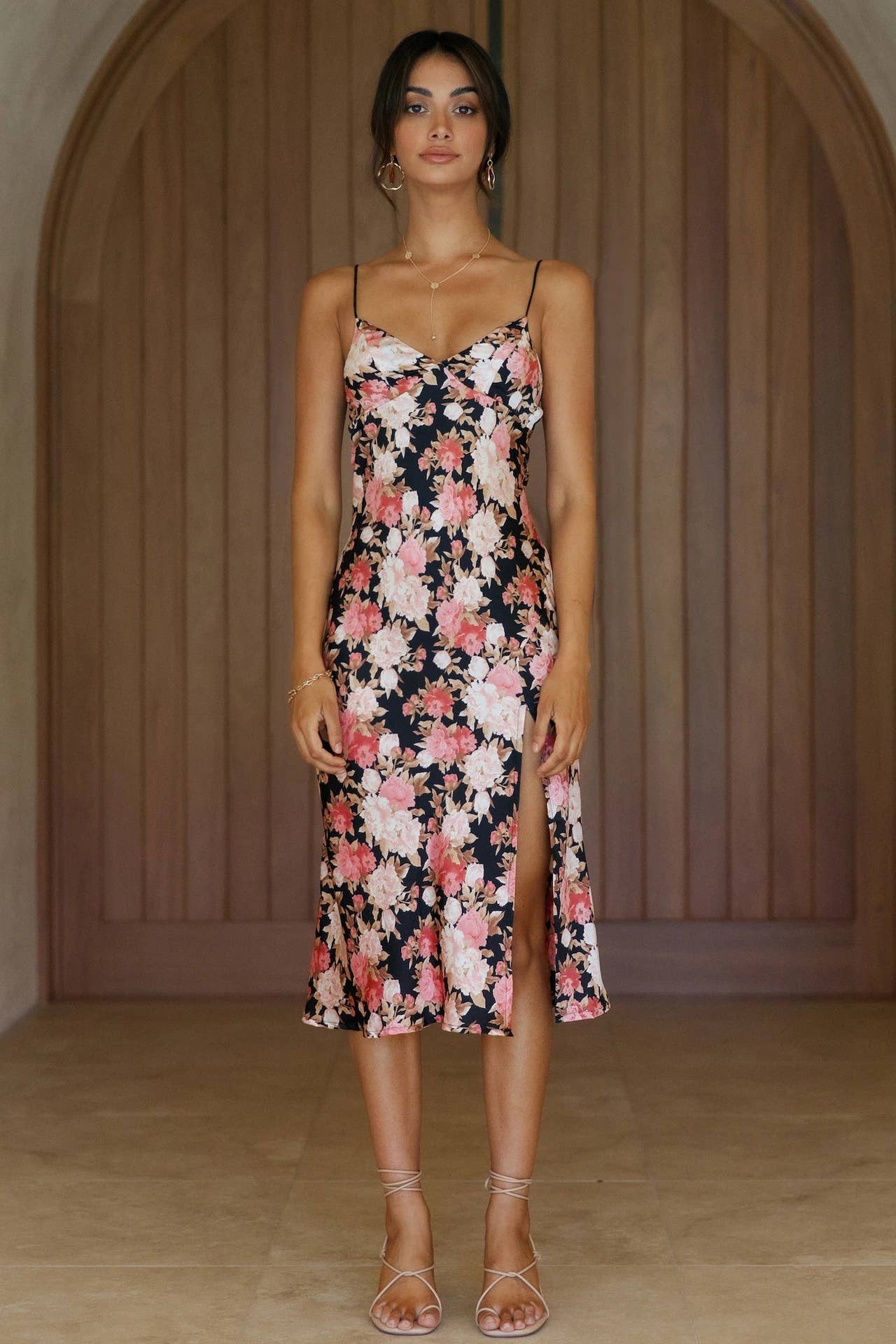FLORAL PRINT LONG HALTER DRESS WITH SLIT DOWN