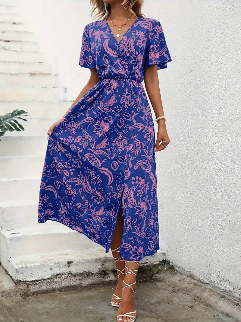 Floral printed V-neck A-line cinched waist dress