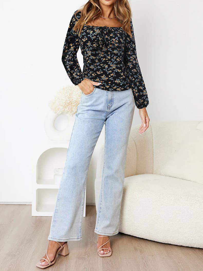 Floral Long Sleeve Square Neck Loose T-shirt