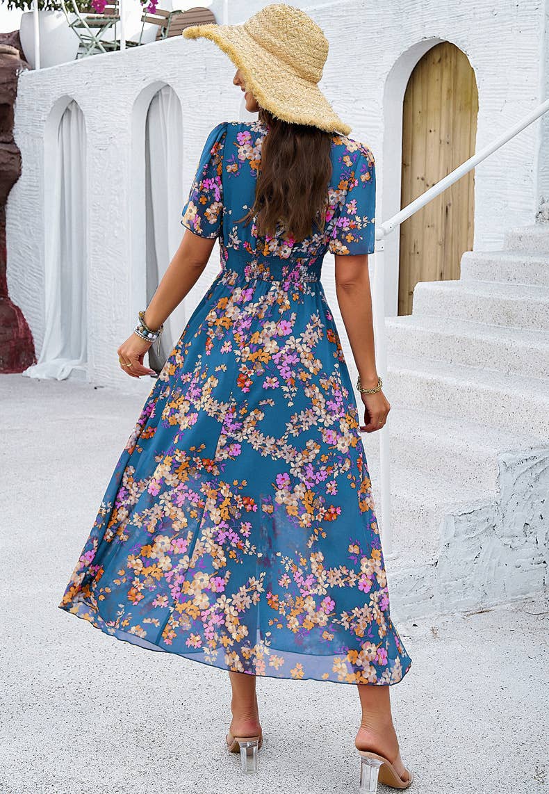 Floral V-Neck Waist-Tie A-Line Maxi Dress