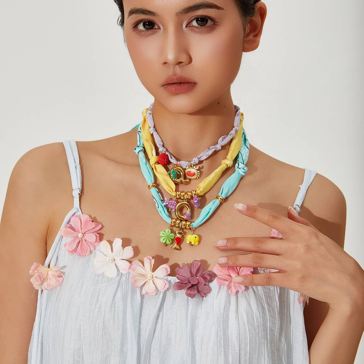 Colorful Scarf Necklace with Fruit Charms
