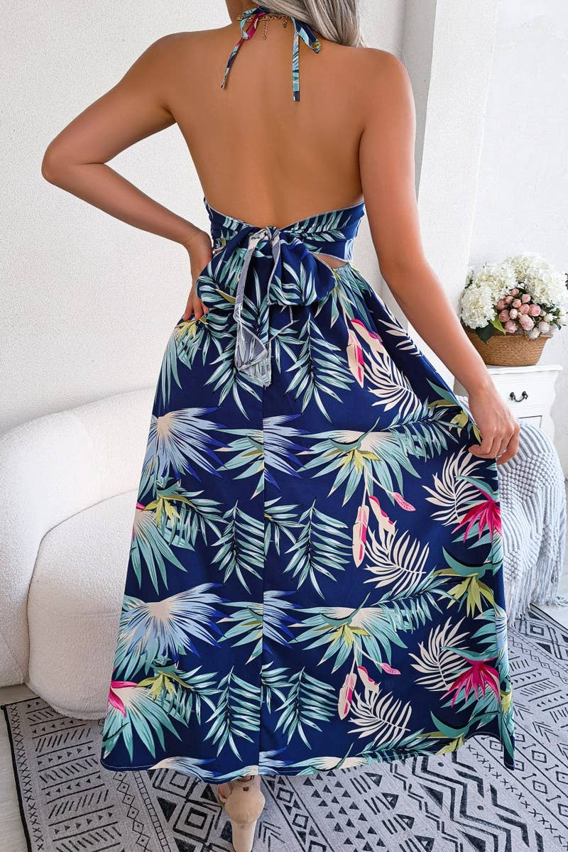 FLORAL SLEEVELESS HALTER DRESS_CWDMD1157