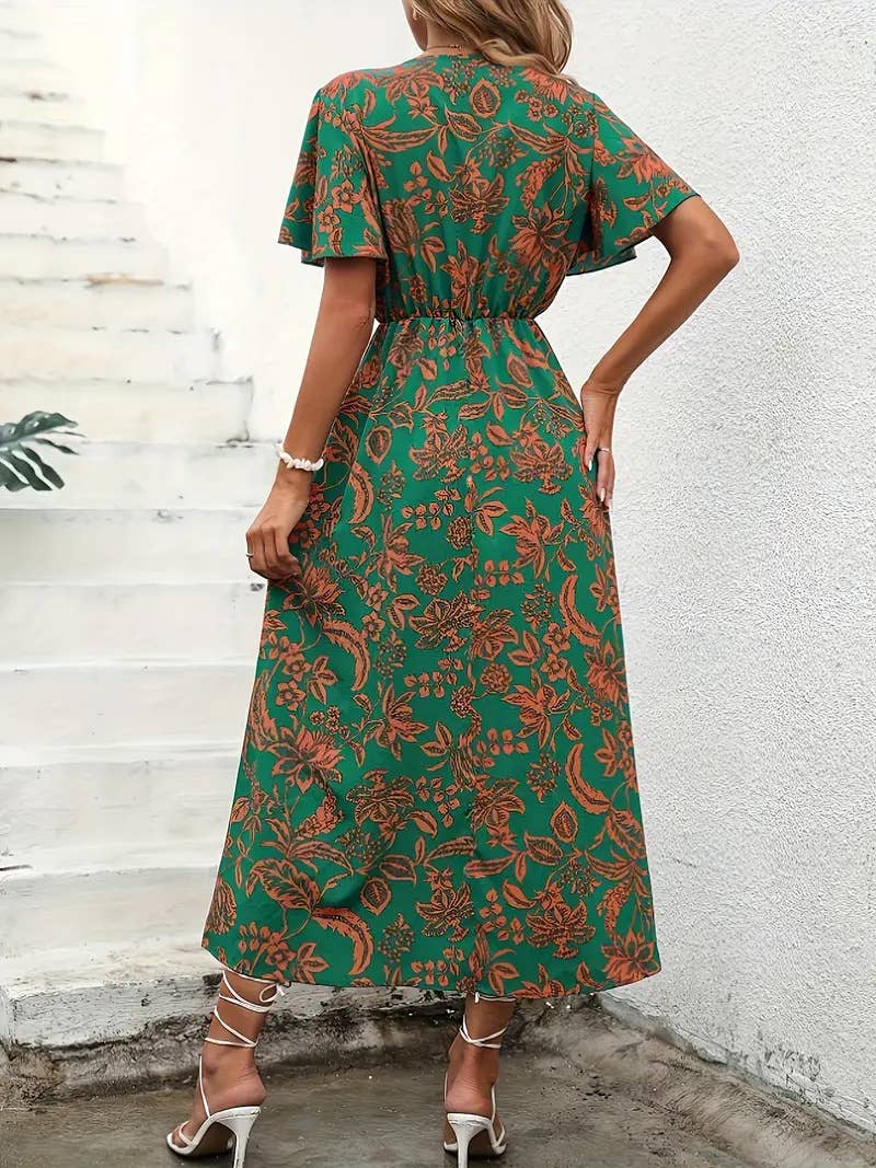 Floral printed V-neck A-line cinched waist dress