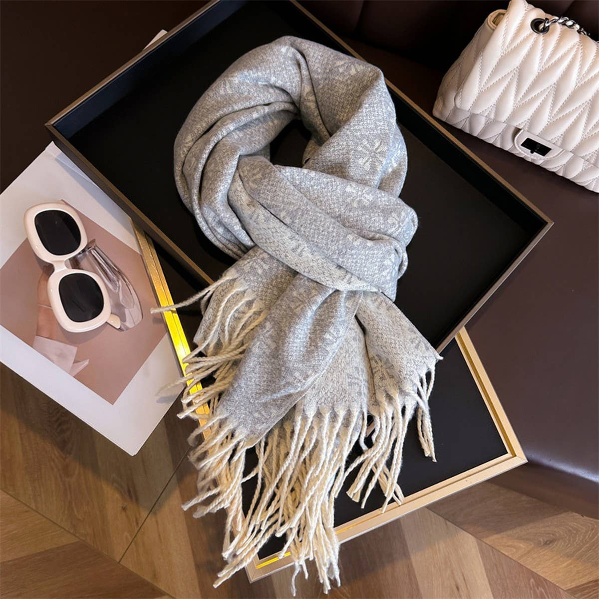 Jacquard Knit Fringe Scarf Shawl for Winter