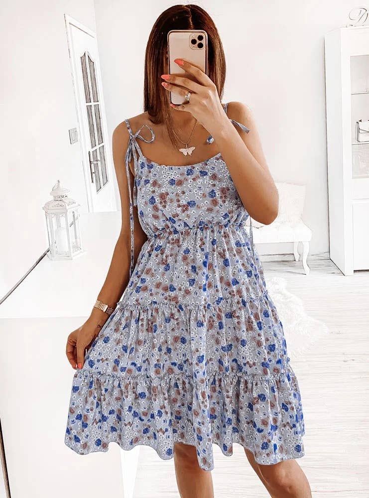 Floral print commuter shoulder lace-up dress