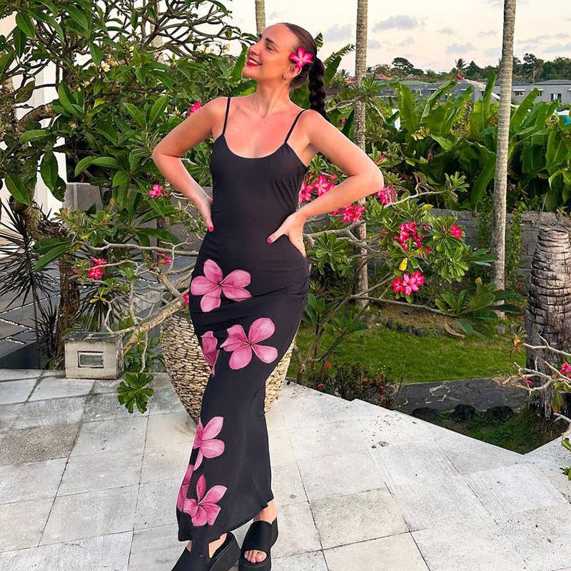 Floral print stretch low-cut long halter dress