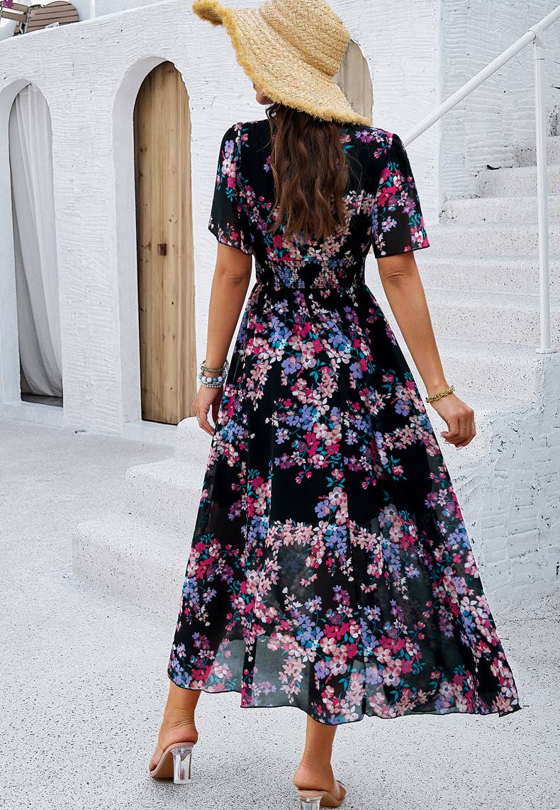Floral V-Neck Waist-Tie A-Line Maxi Dress