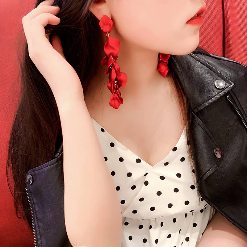 S925 Silver needle sexy rose petal long earrings