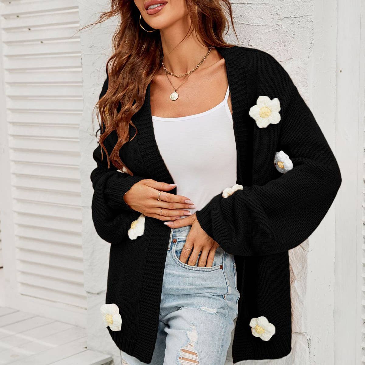 Flower cardigan lantern sleeve sweater coat