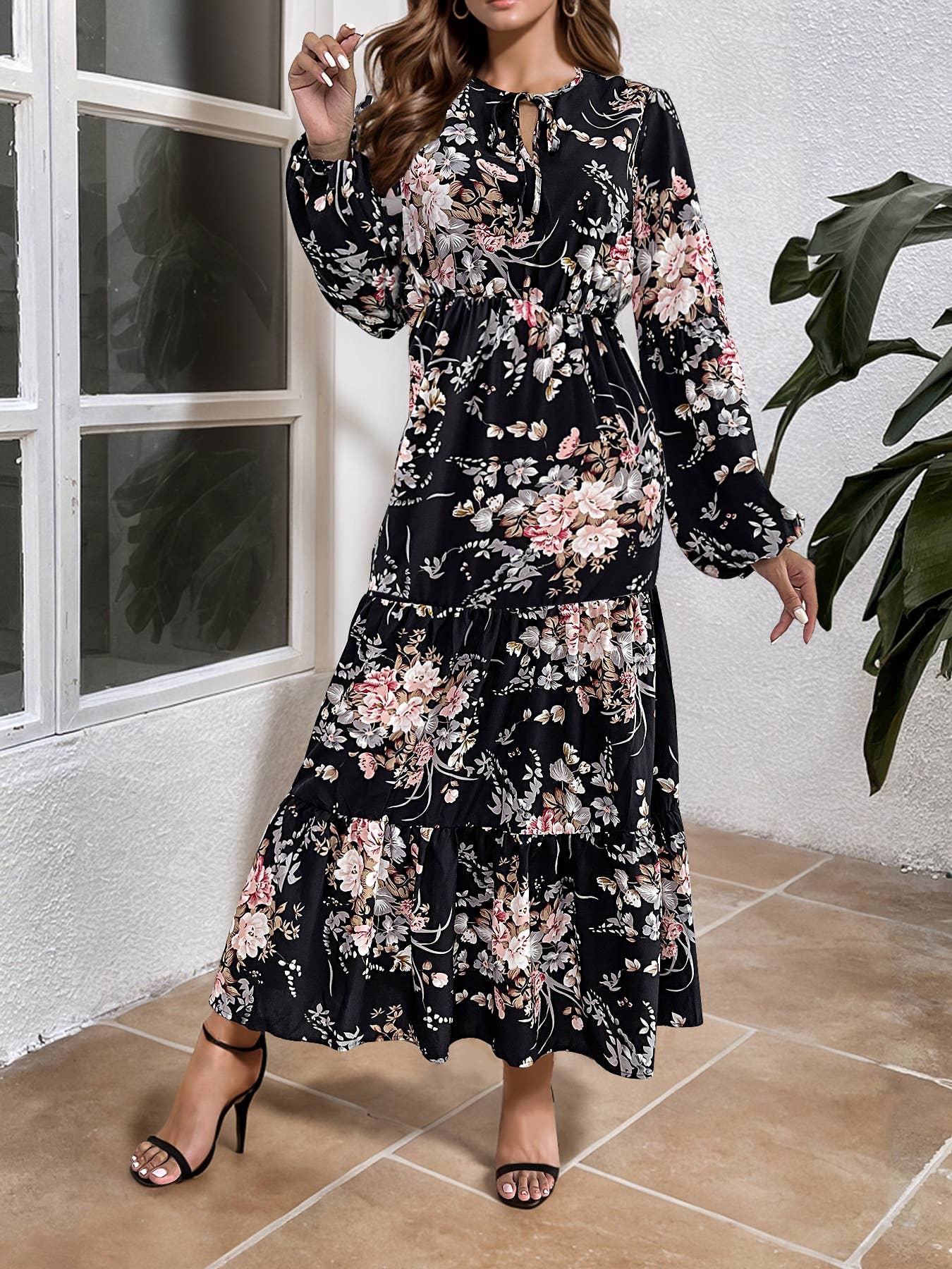 FLORAL PRINT BIG SWING STYLE SLIM DRESS