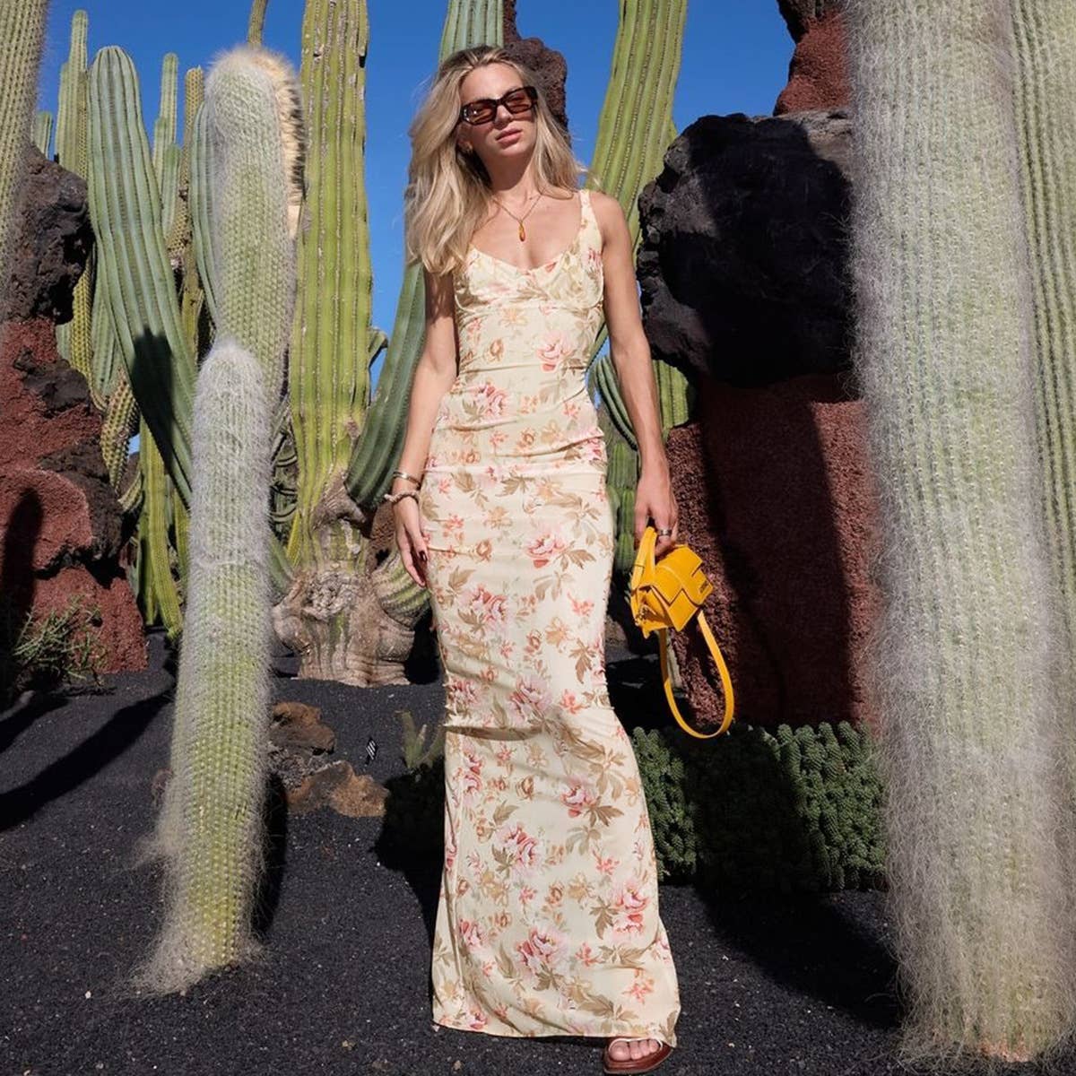 Floral U-Neck Slit Spaghetti Strap Dress