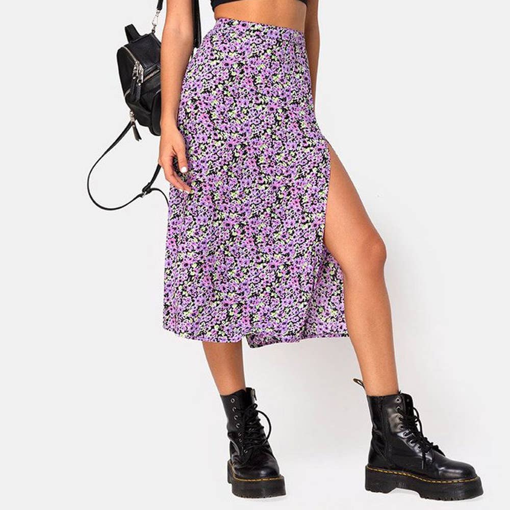 Floral High Waist Slit Midi A-Line Skirt