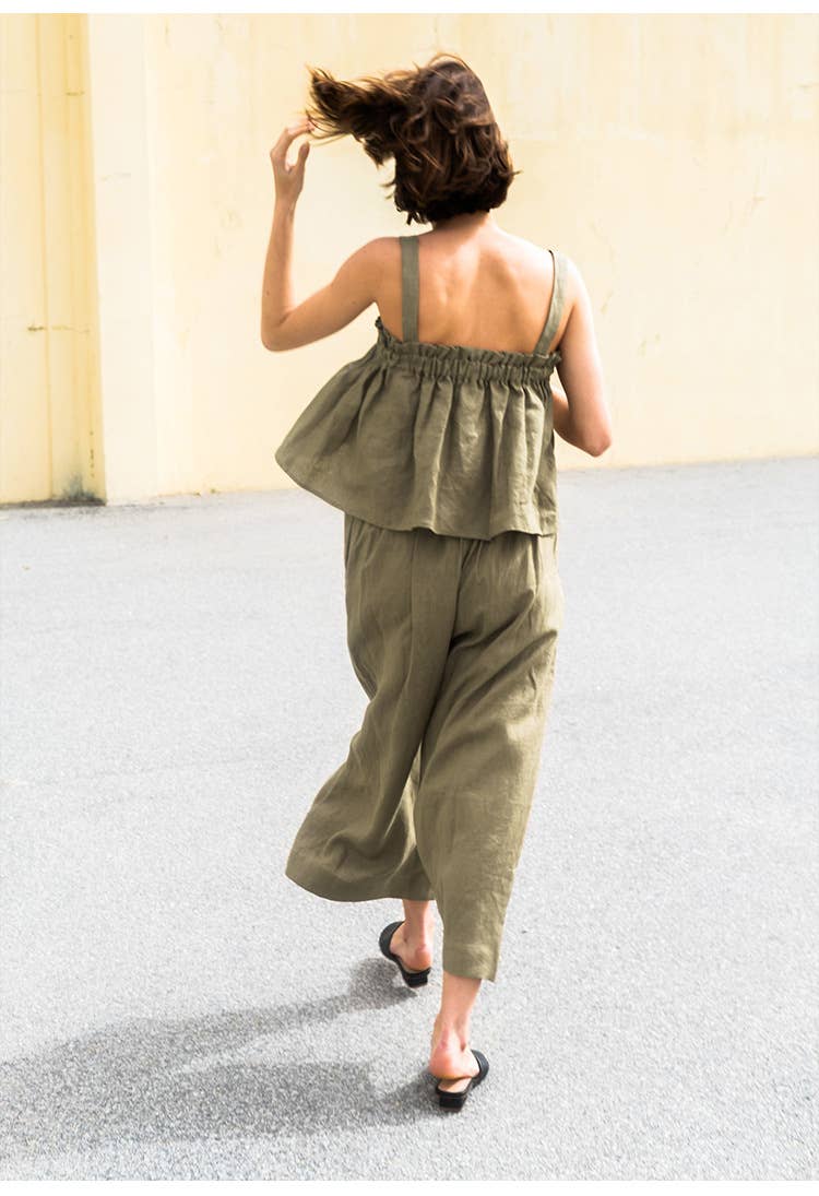 Wooden ear edge pleated cotton linen vest