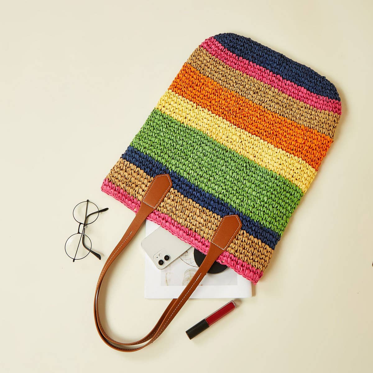 FASHIONABLE STRIPED COLOR BLOCK BEACH CROCHET BAG_CWAB1968