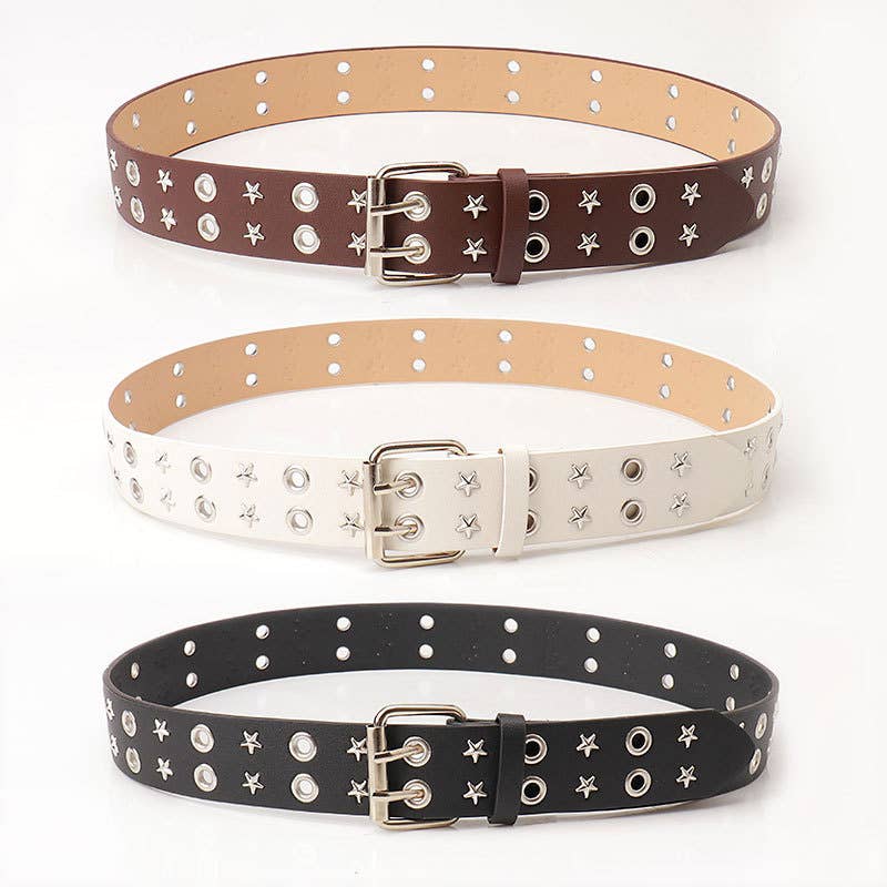Punk double-row pin buckle denim belt