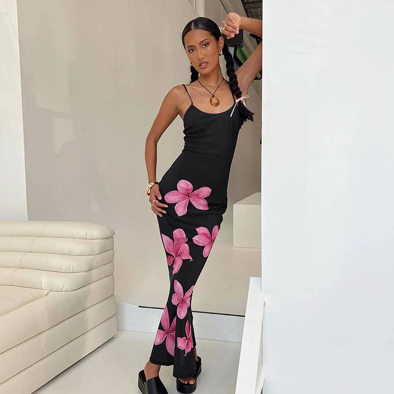 Floral print stretch low-cut long halter dress