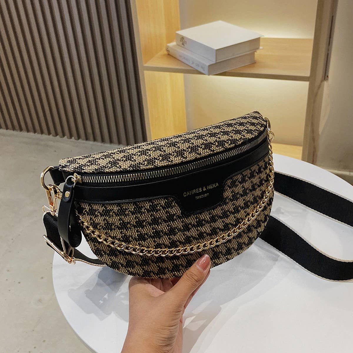 LEOPARD PRINT BLACK CHAIN STRAP FANNY BELT BAG_CWAB0923