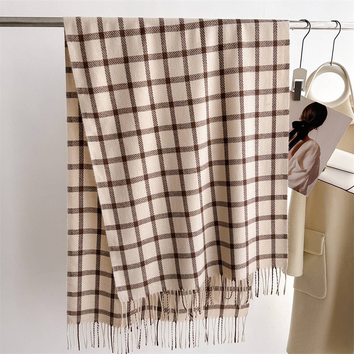 Warm Plaid Wrap Scarf with Soft Fringe Trim