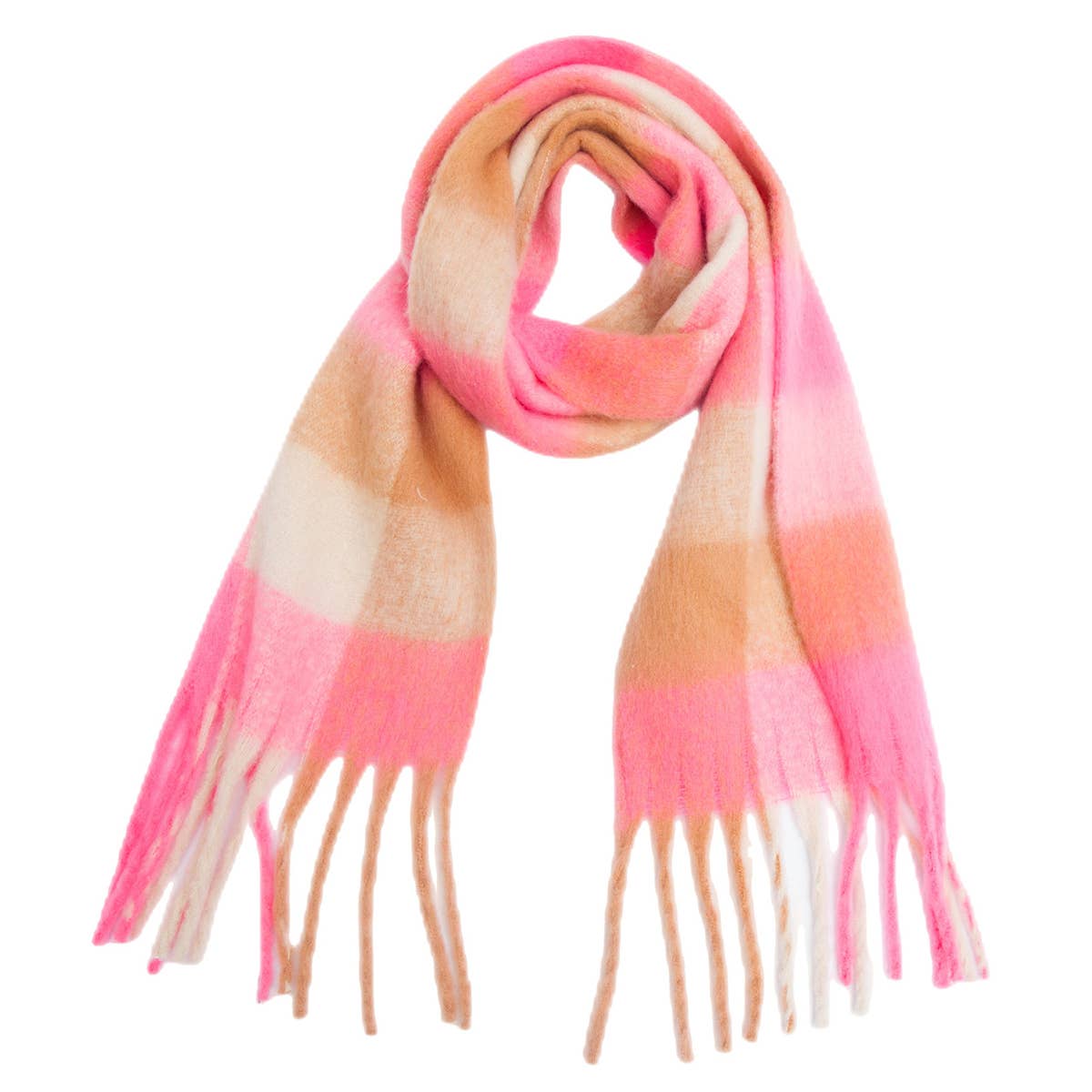 Chunky Plaid Mohair-Look Scarf with Fringes