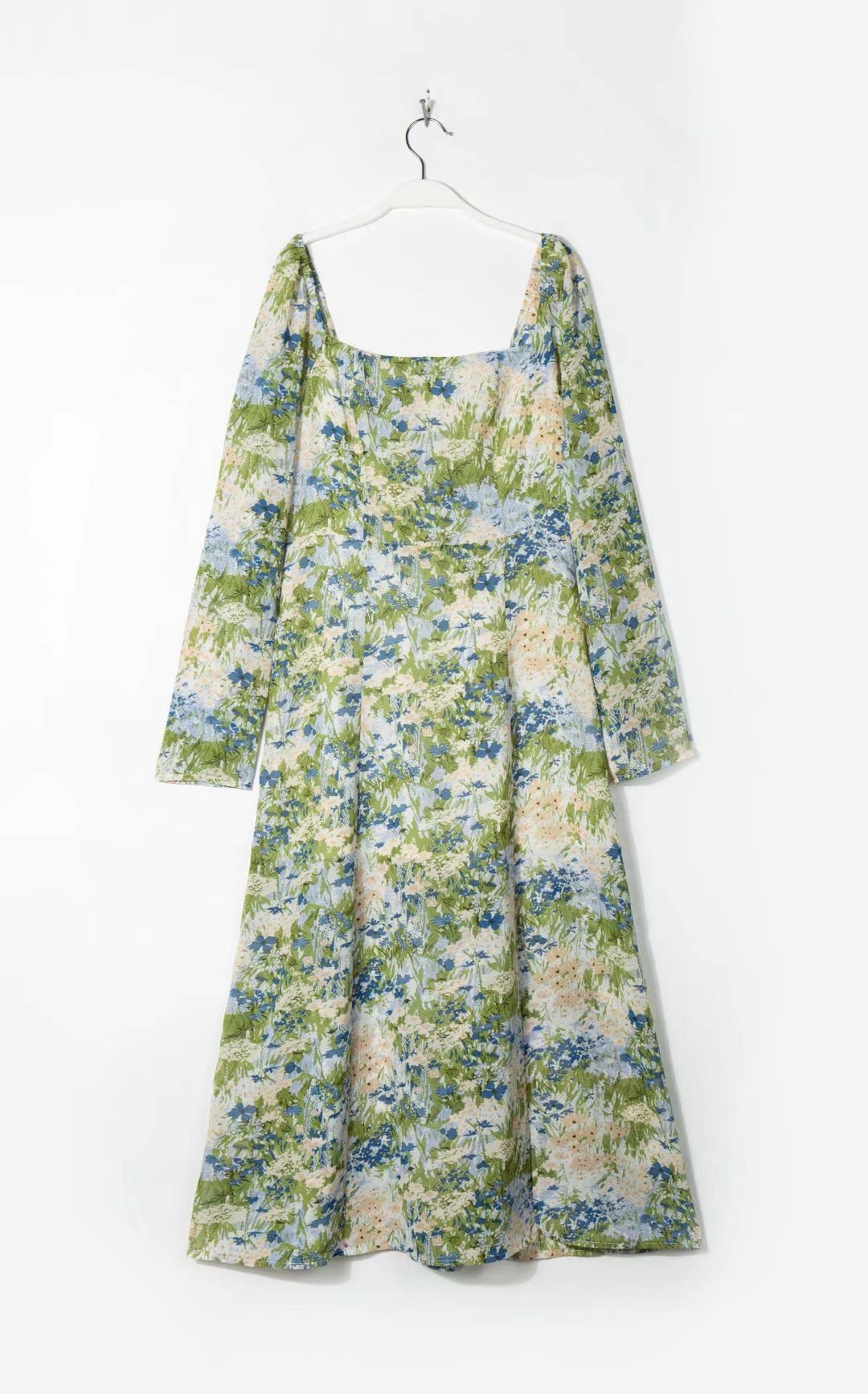 FLORAL PRINT CABLE LONG-SLEEVED SPLIT DRESS