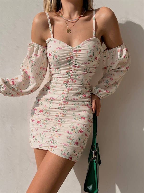 FLORAL PRINT LINE SHOULDER SEXY HALTER DRESS