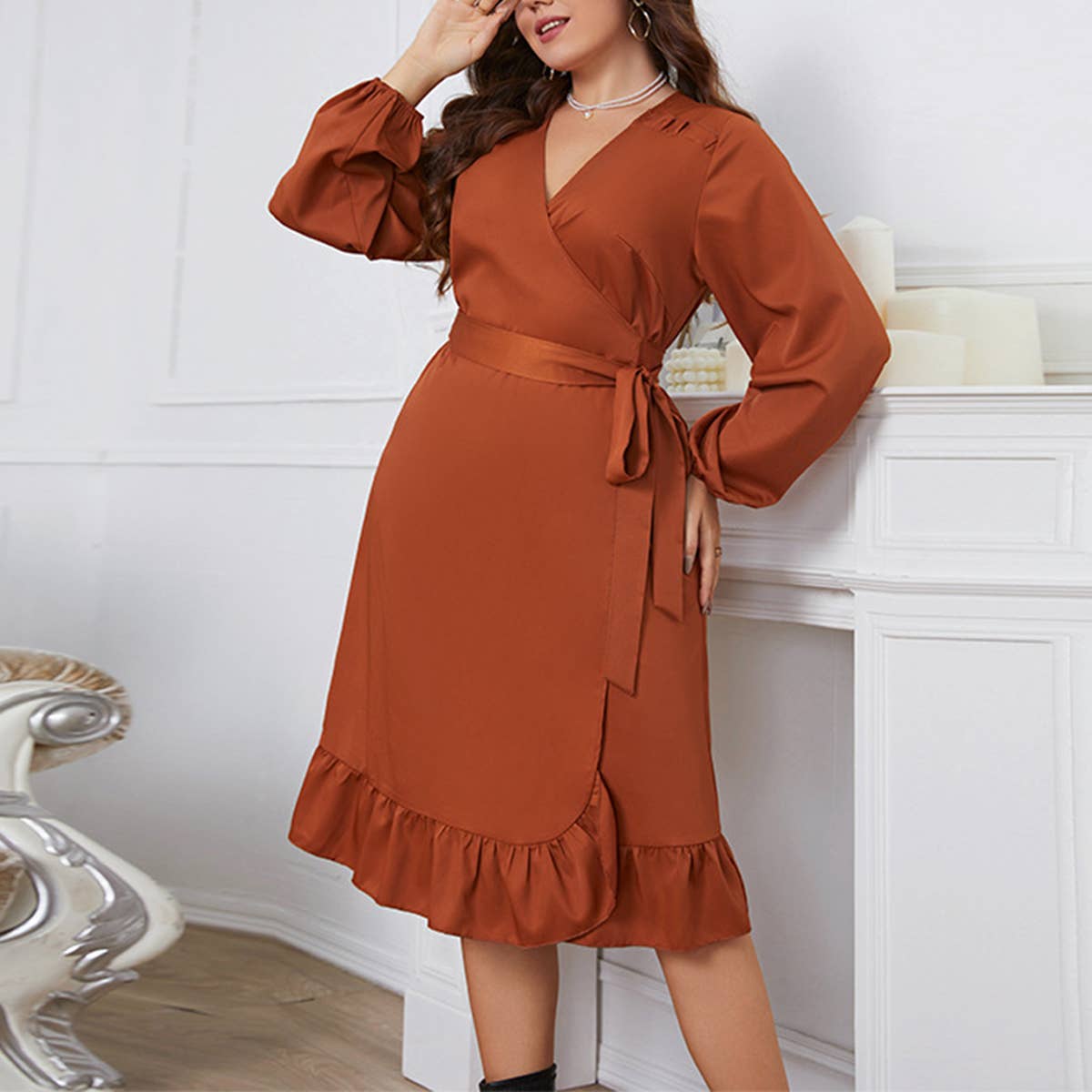 Long Sleeve Wrap Dress for Plus Size Women