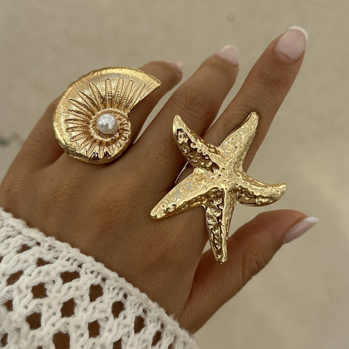 NEW BEACH IMITATION PEARL ADJUSTABLE ALLOY RING