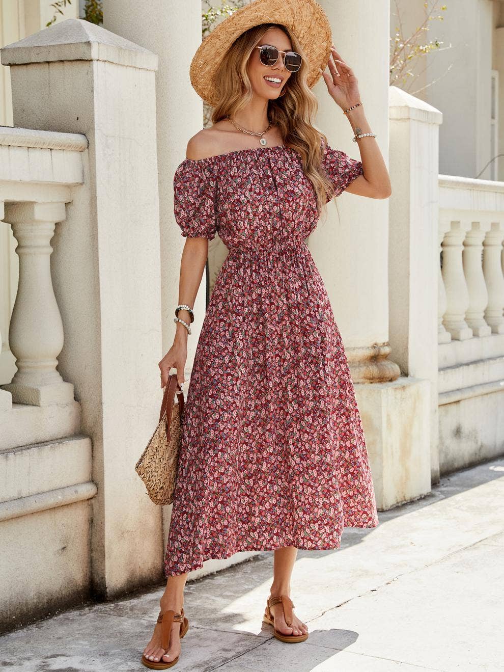 Floral one-line shoulder short sleeve long dress