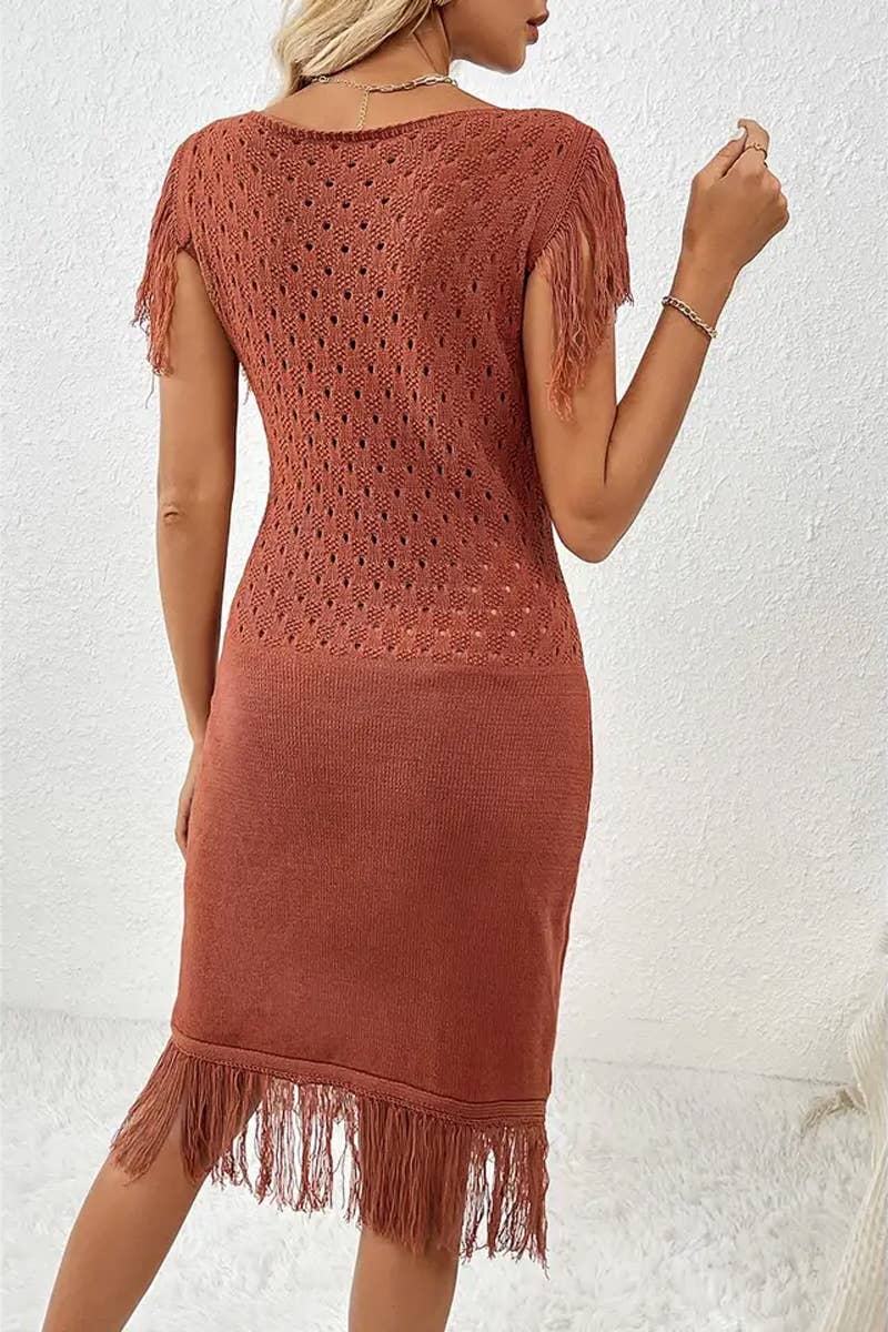 CWDMD4847_SPRING AND SUMMER FASHION TASSEL KNITTED DRESS
