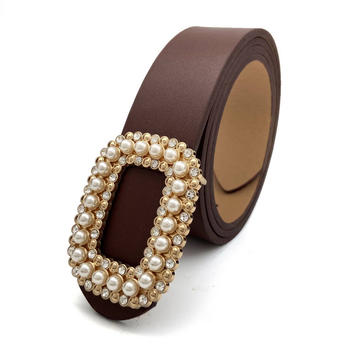 WOMEN ROUND DIAMOND PEARL BUCKLE BELT FOR JEANS_CWABE0130