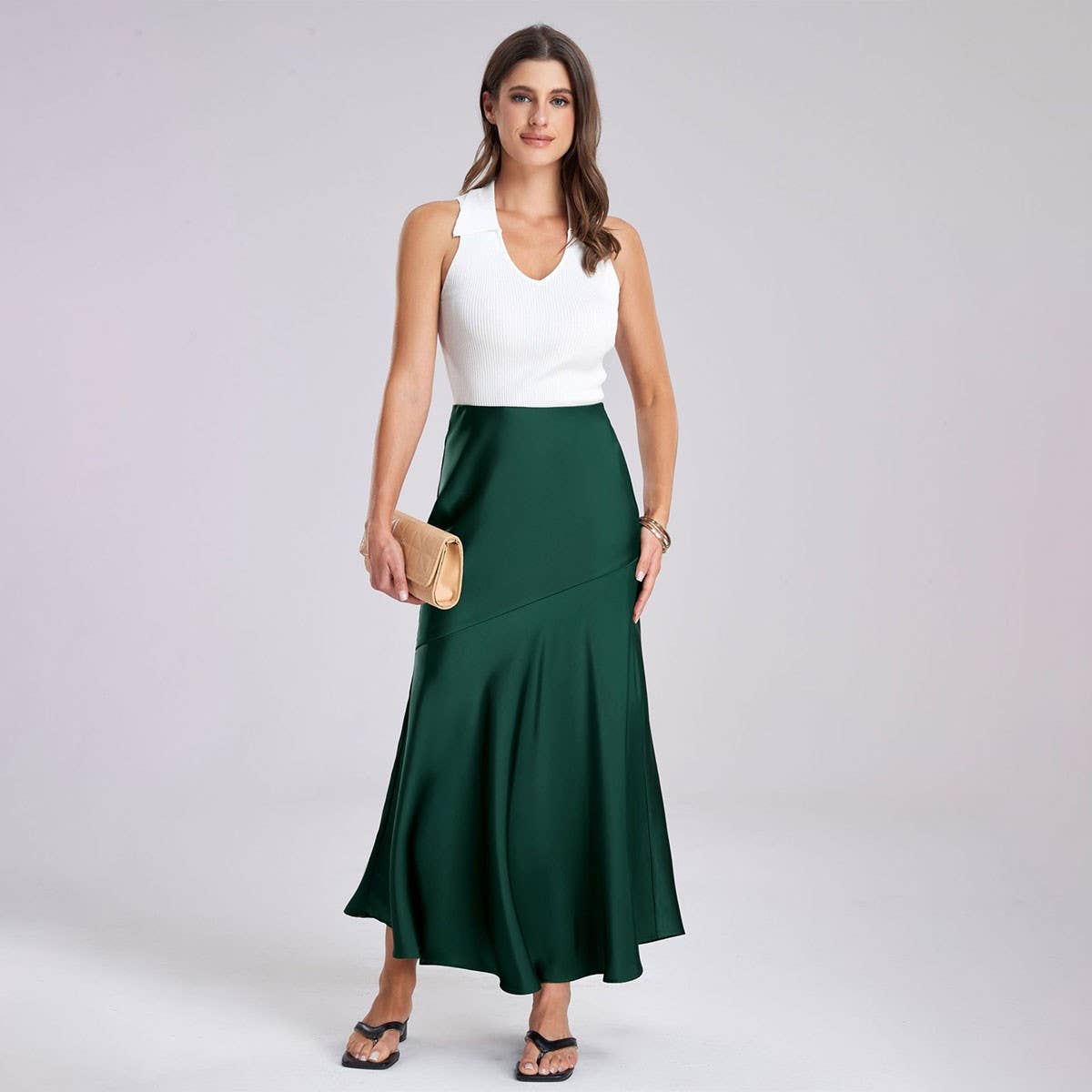 SATIN SKIRT HIGH WAIST STITCHING LONG SKIRT
