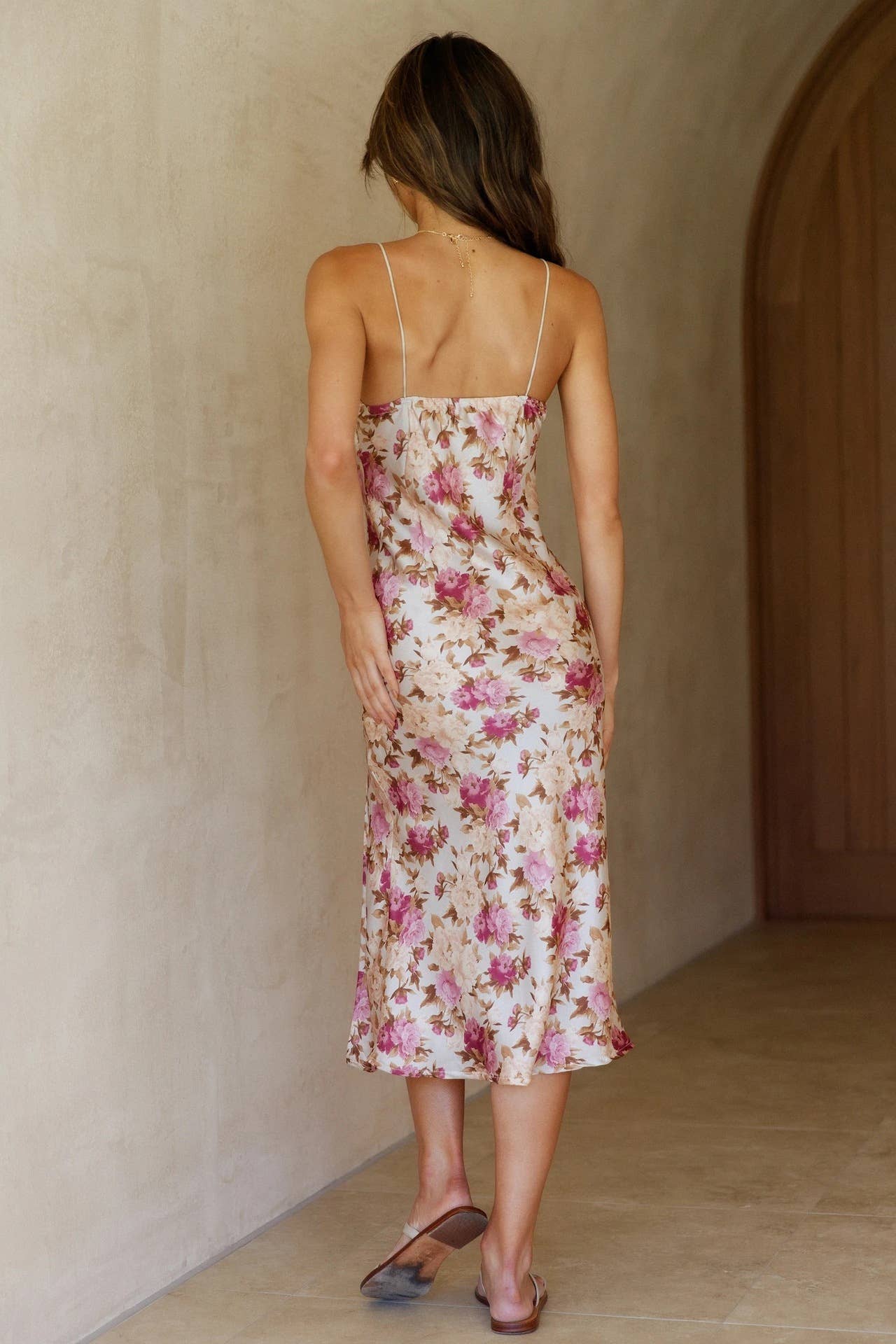 FLORAL PRINT LONG HALTER DRESS WITH SLIT DOWN