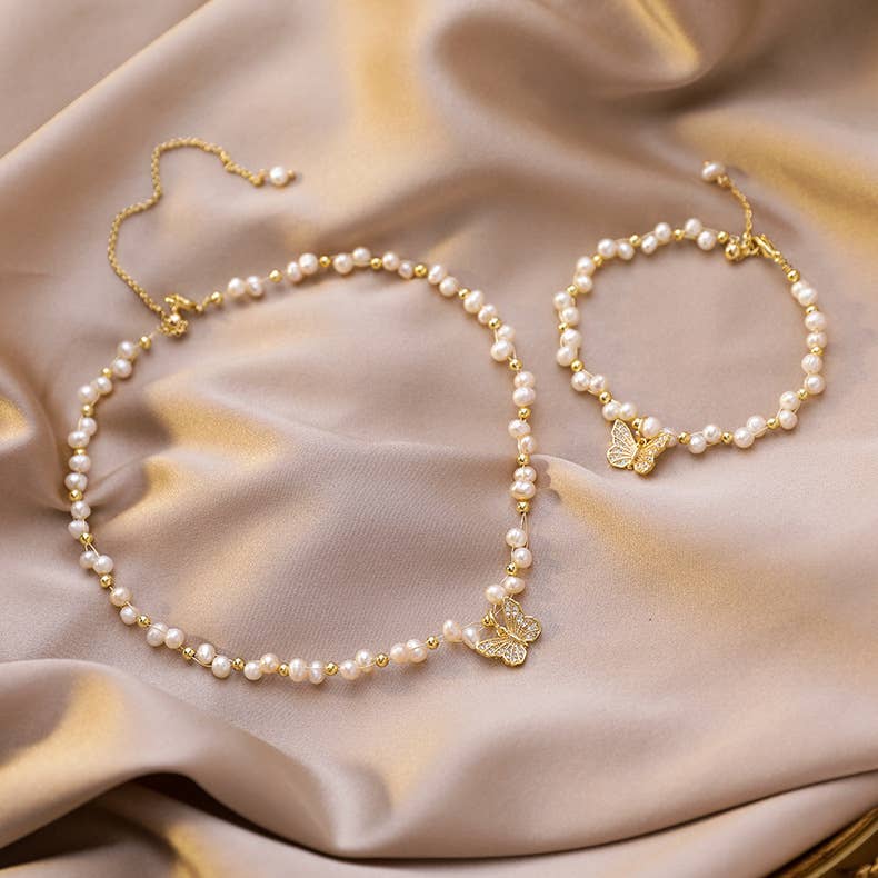 Simple butterfly necklace Baroque pearl bracelet