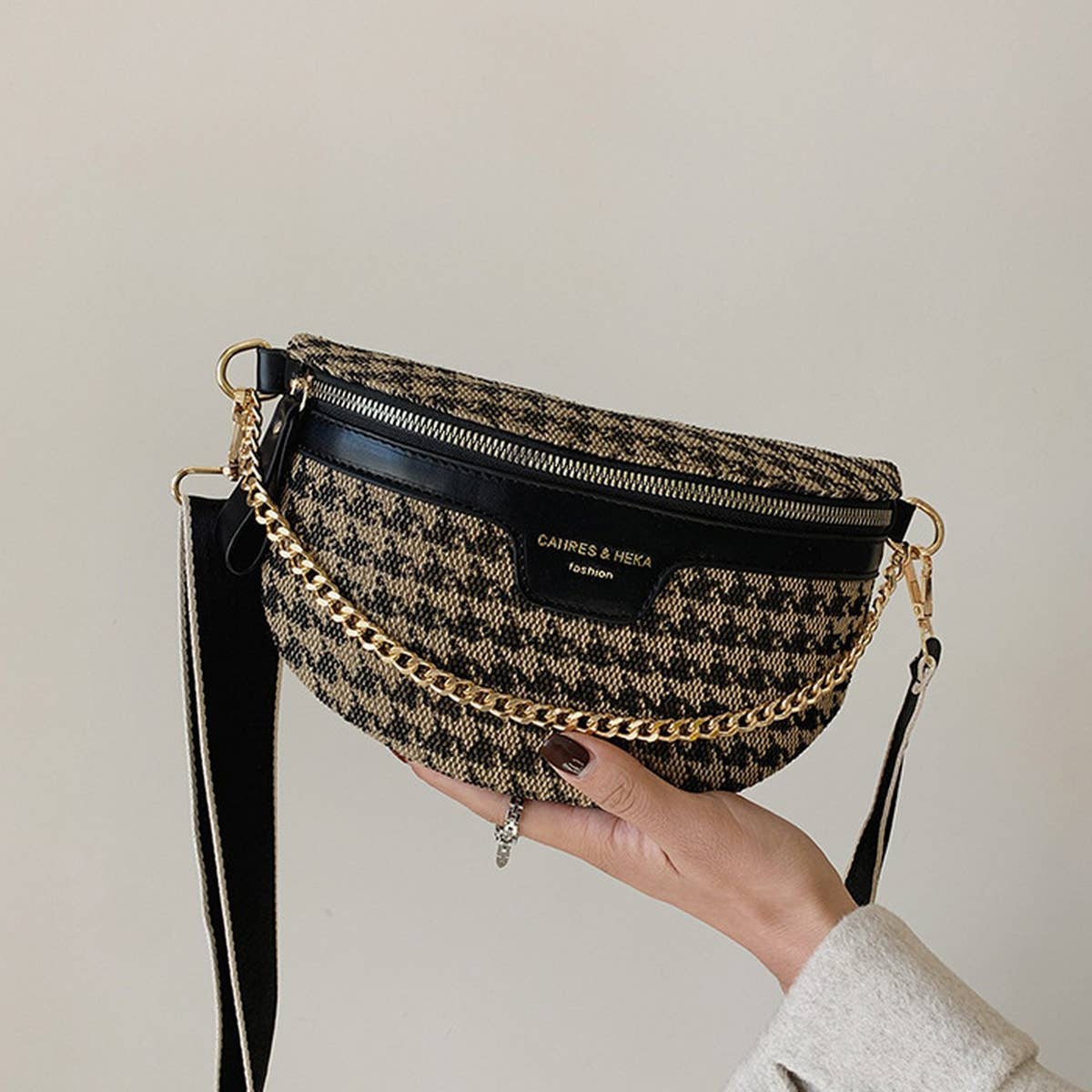 LEOPARD PRINT BLACK CHAIN STRAP FANNY BELT BAG_CWAB0923