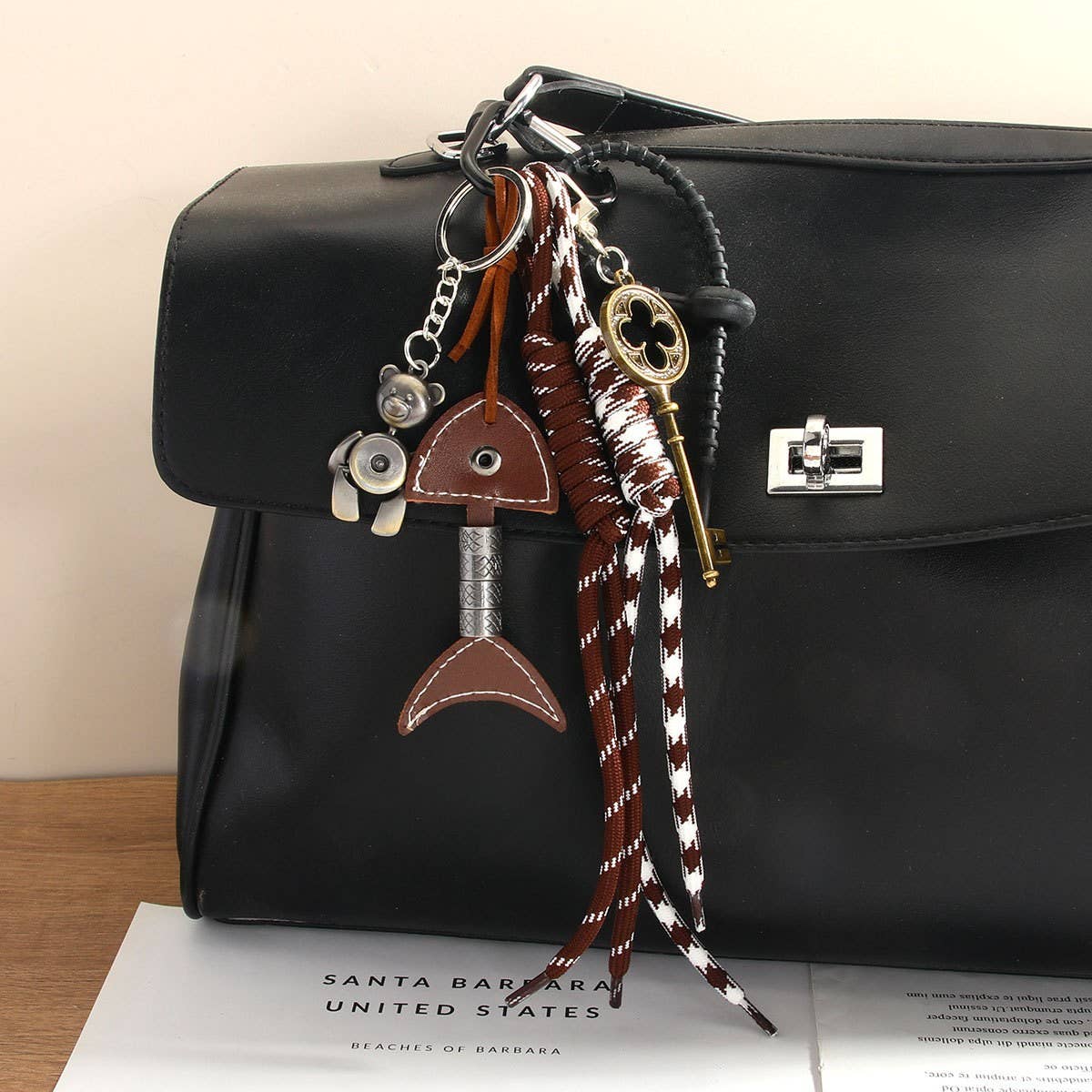 Vintage Leather Fishbone Bear Keychain Charm