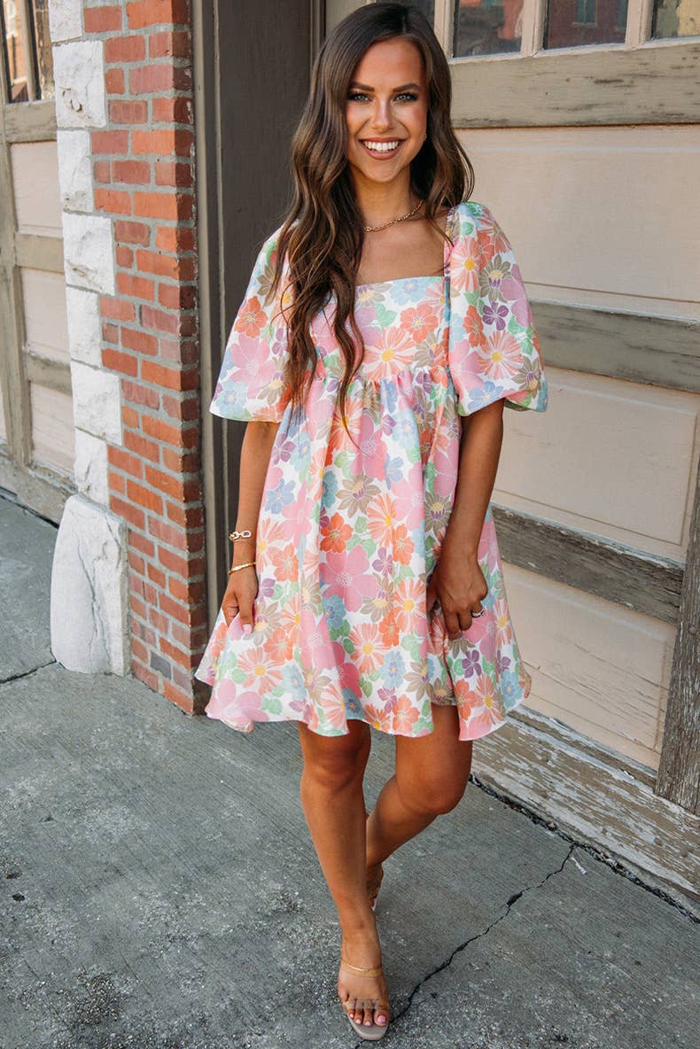 Floral printed backless short-sleeved dress