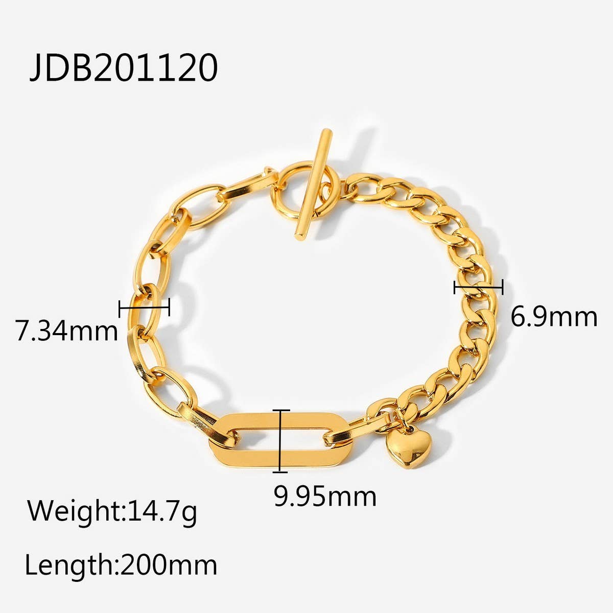 Luxury Heart OT Clasp Cuban Oval Chain Bracelet