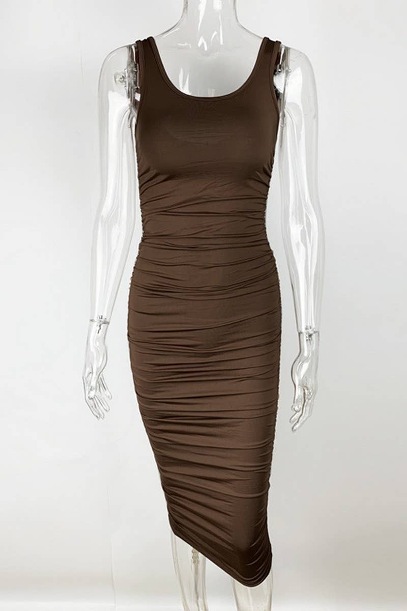CWDMD4908_BODYCON HALTERNECK SLEEVELESS SHIRRED DRESS