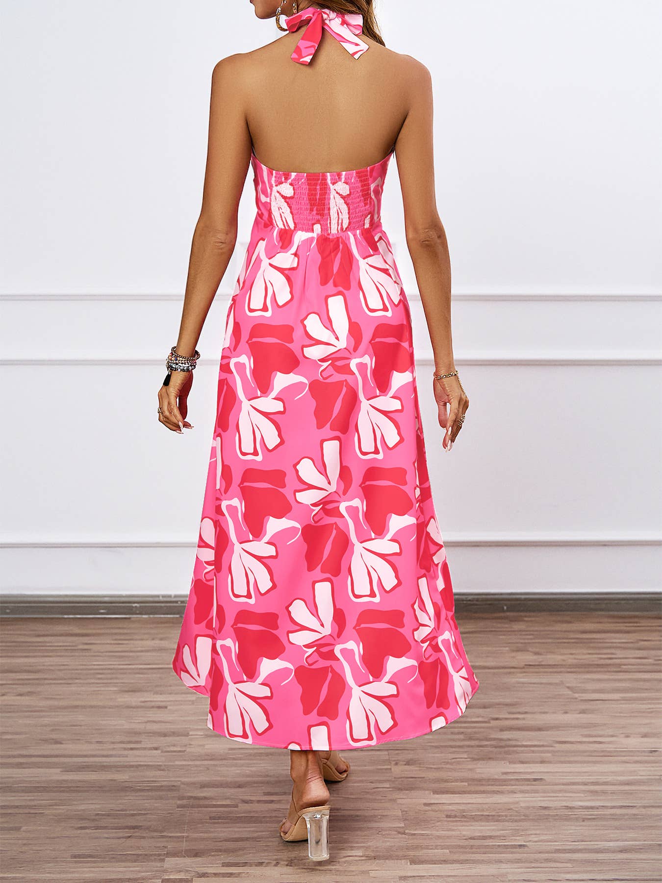 FLORAL PRINT HOLLOWED LACE HALTER LONG DRESS
