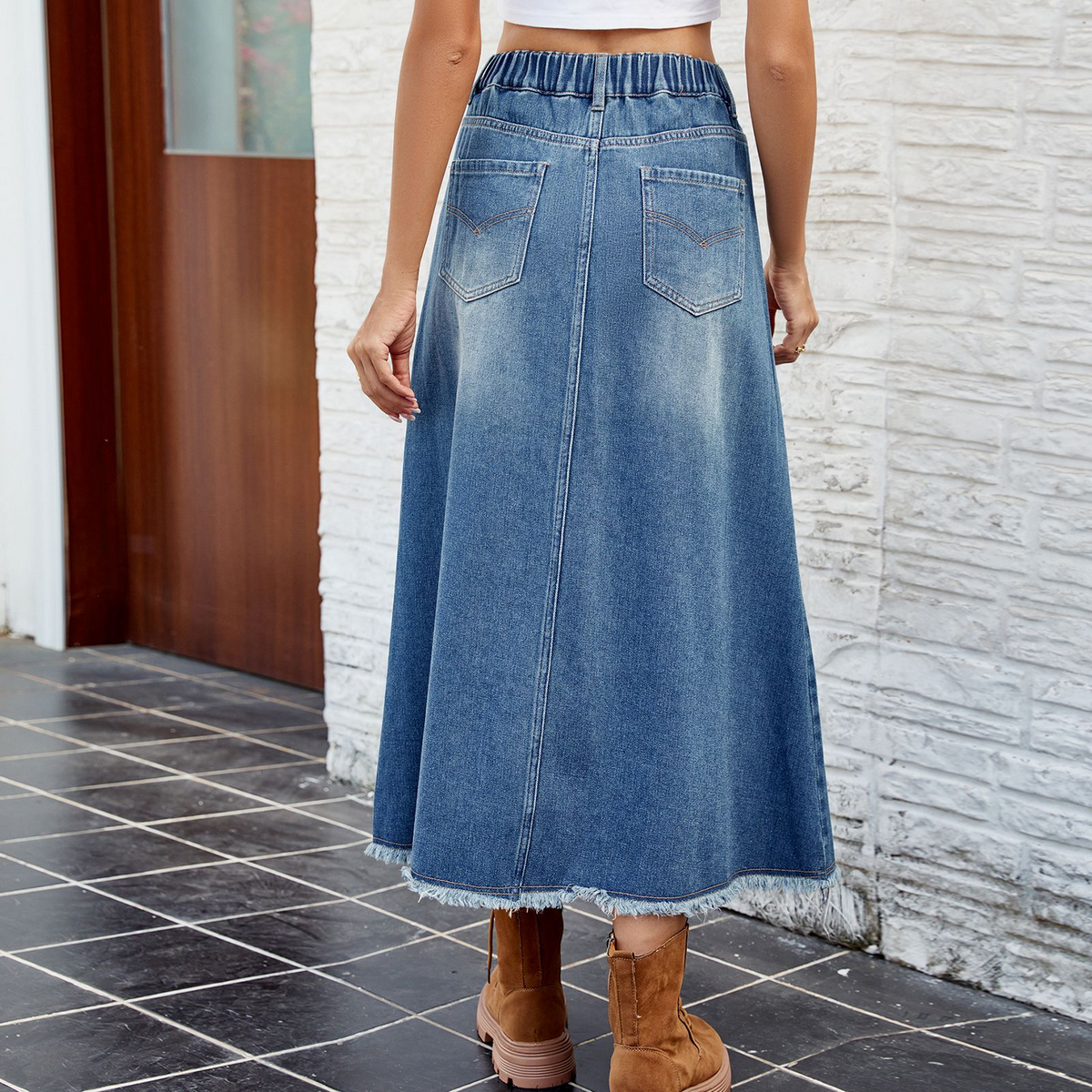 Women?™s Washed Denim Midi Skirt with Raw Hem_CWJSK0199