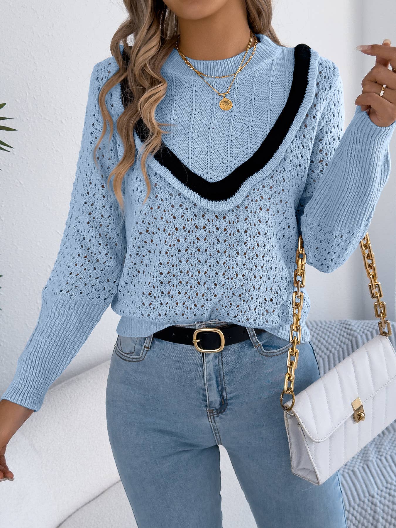 Wooden ear side long sleeve hollow sweater