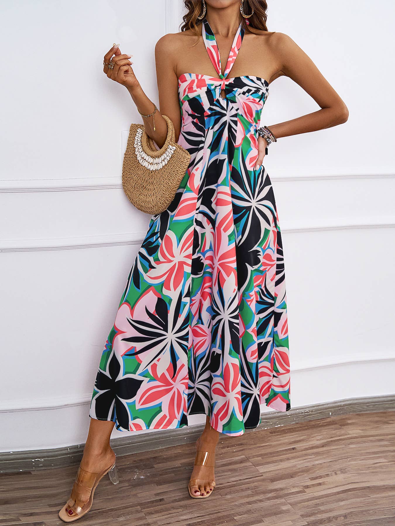 FLORAL PRINT HOLLOWED LACE HALTER LONG DRESS